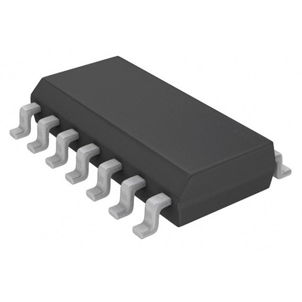 Ein schwarzer IC-Chip mit acht Metallanschlüssen auf jeder Seite, typisch für elektronische Schaltungen.